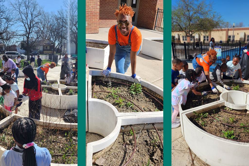 Photos of Mrs. Watkins and students working in the school garden