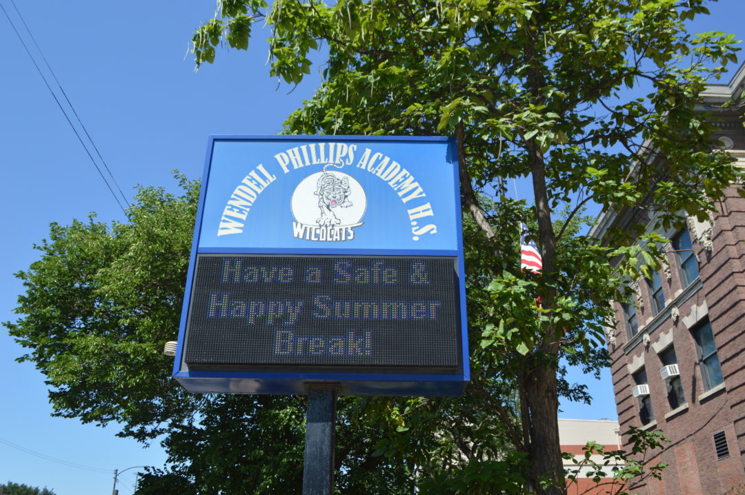 image of sign outside of Wendell Phillips Academy HS