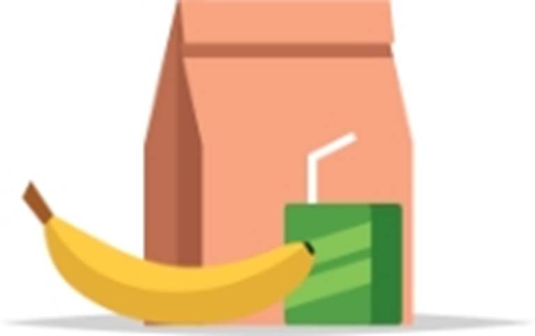 paper bag with a banana and drink
