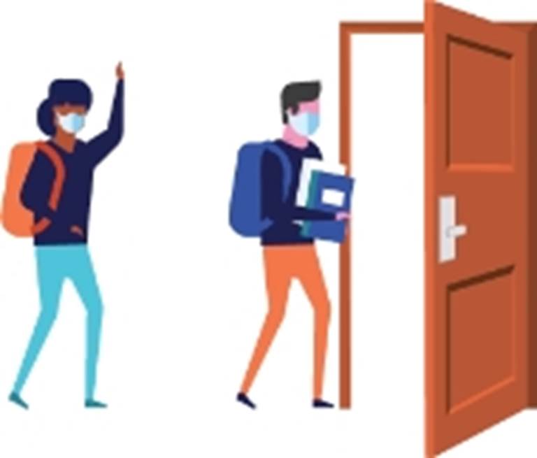 Male Student entering a door Female Student behind him waving