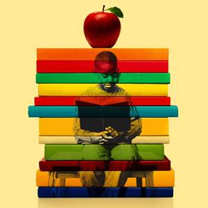 image of student reading on a pile of books