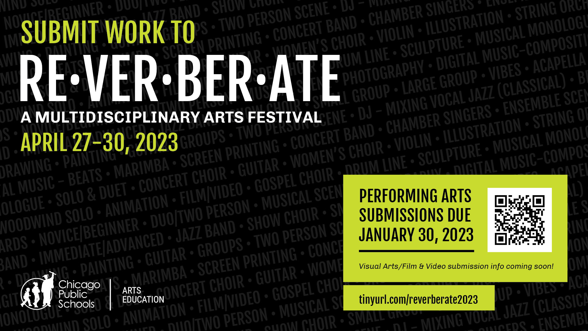 Submit work to Re*Ver*Ber*Ate, A multidisciplinary arts festival, April 27-30, 2023. Submissions due January 30, 2023.