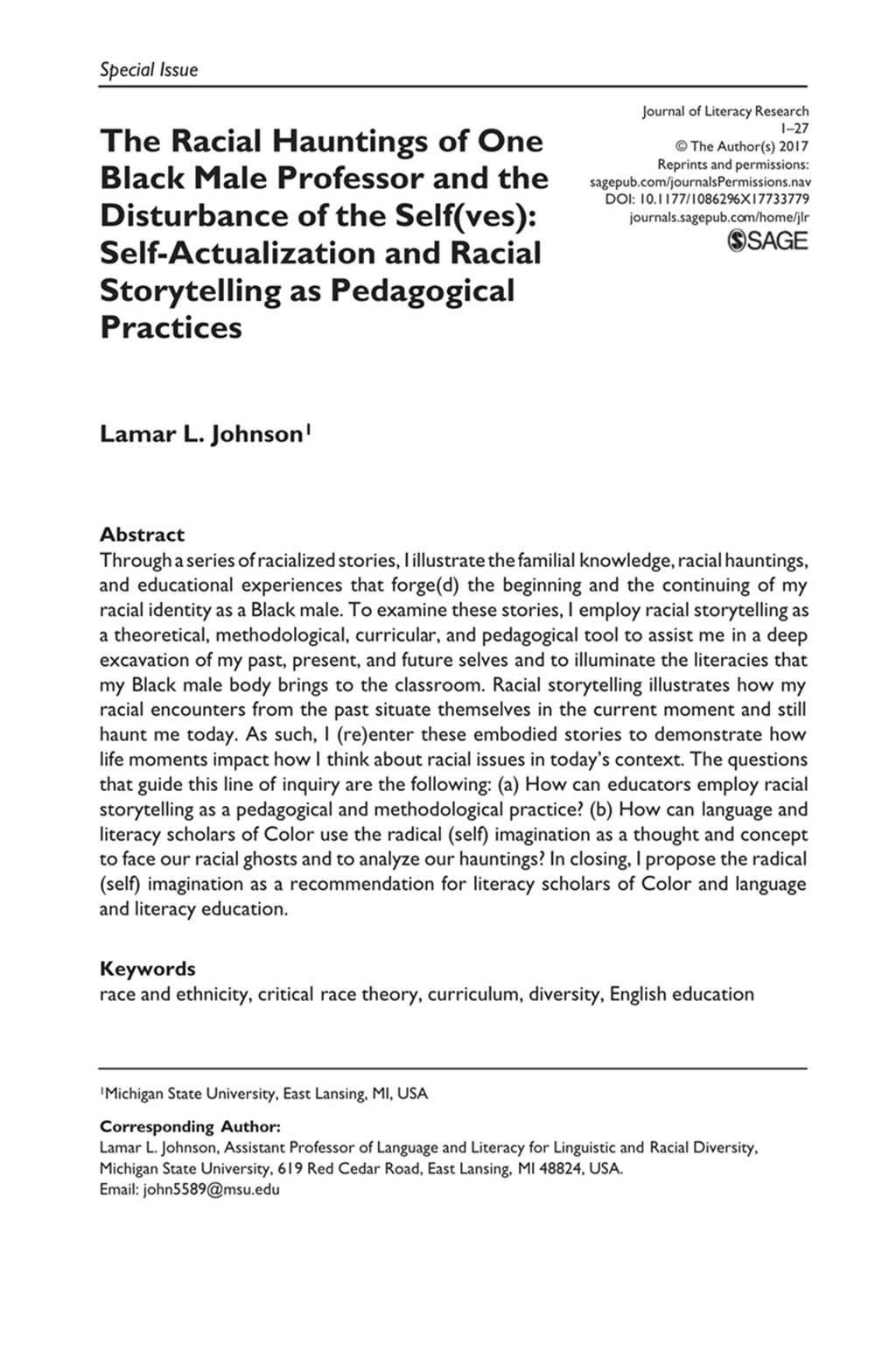 The Racial Hauntings of One Black Male Professor and the Disturbance of the Self(ves): Self-Actualization and Racial Storytelling as Pedagogical Practices - image