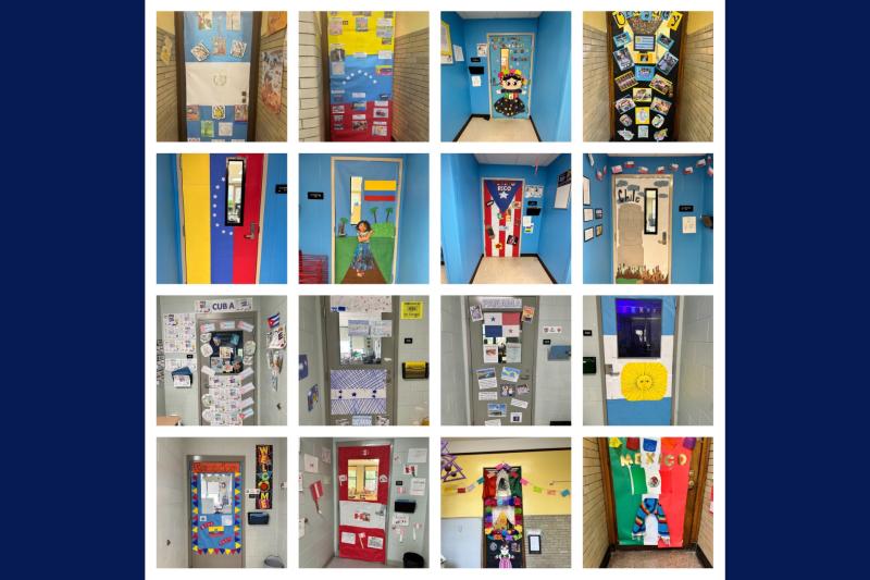 A collage of photos of decorated doorways at Monarcas Academy