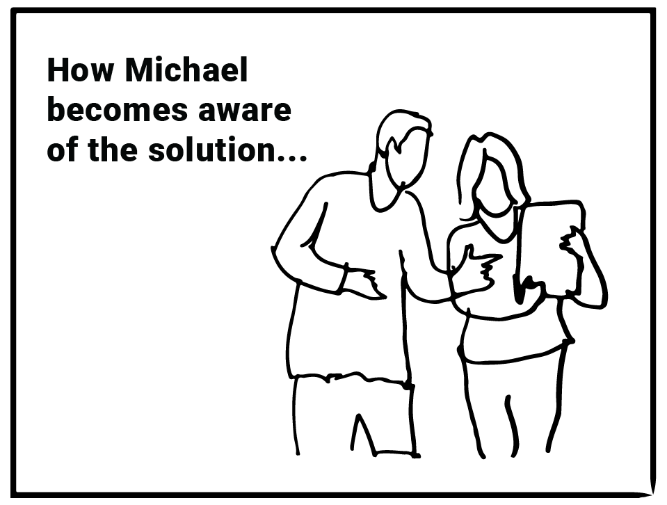 sketch of two adults with words "How Michael becomes aware of the solution"