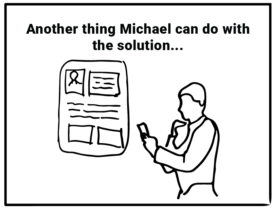 sketch of man reading, with words "another thing Michael can do with the solution"