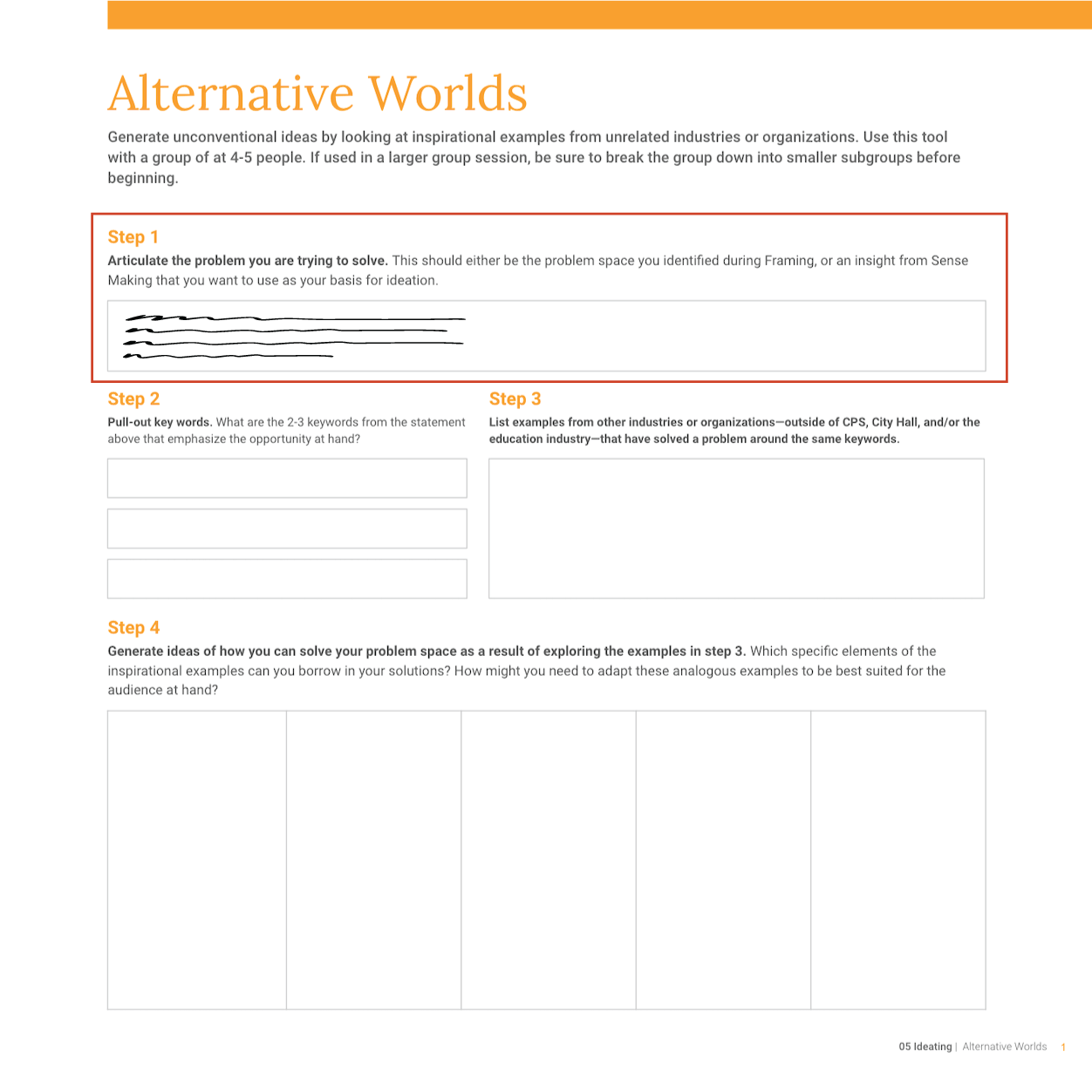 Image of Alternative Worlds worksheet with part one filled in