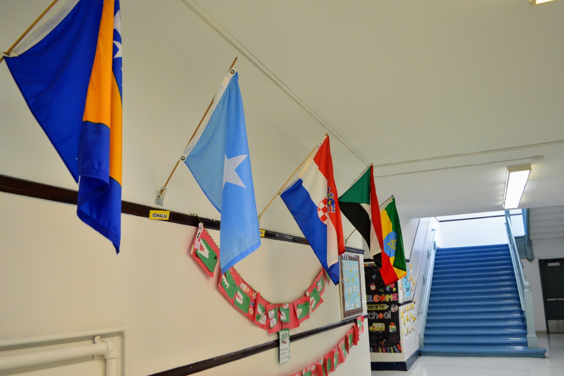 Flags in school hallway