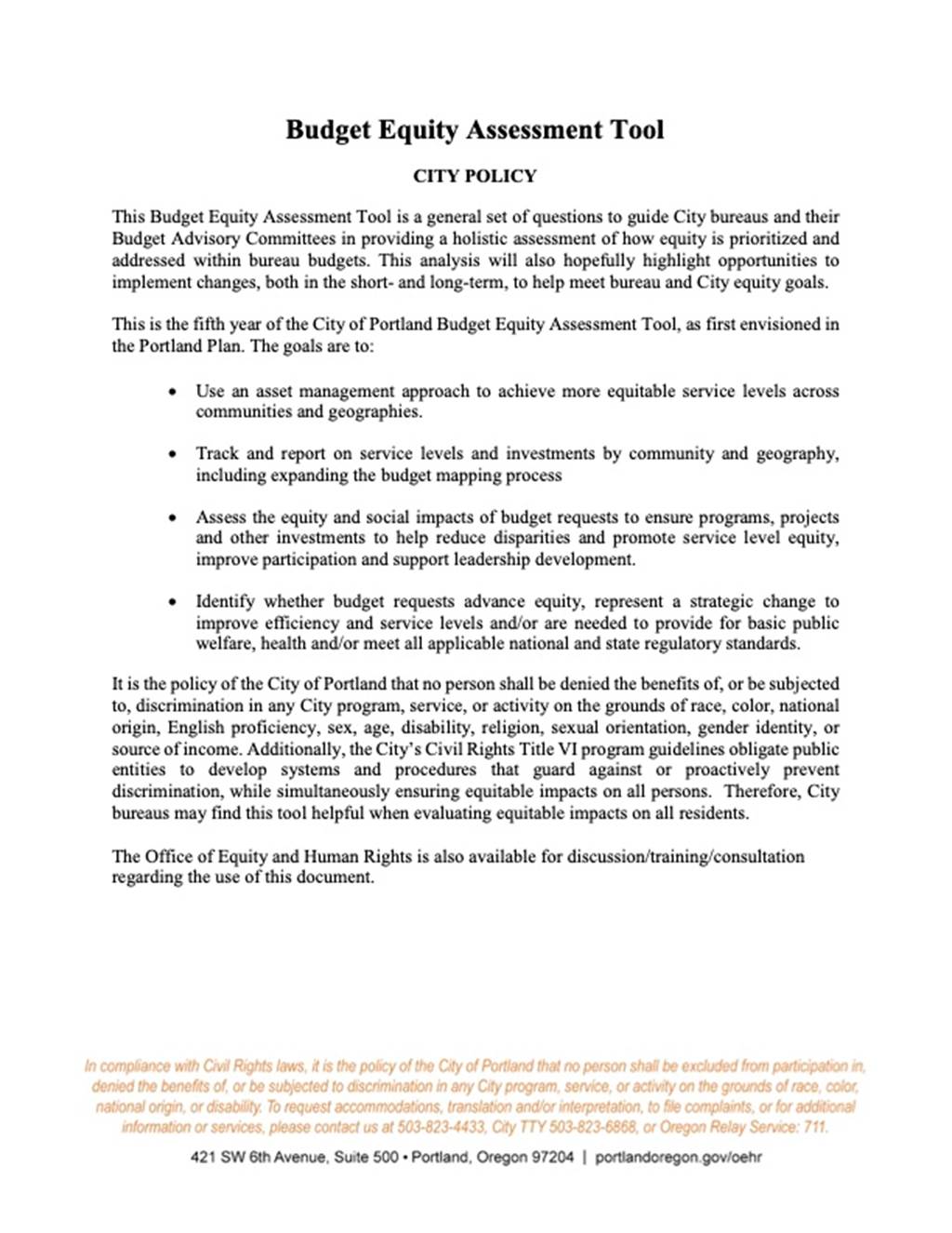 Portland Budget Equity Assessment Tool document image