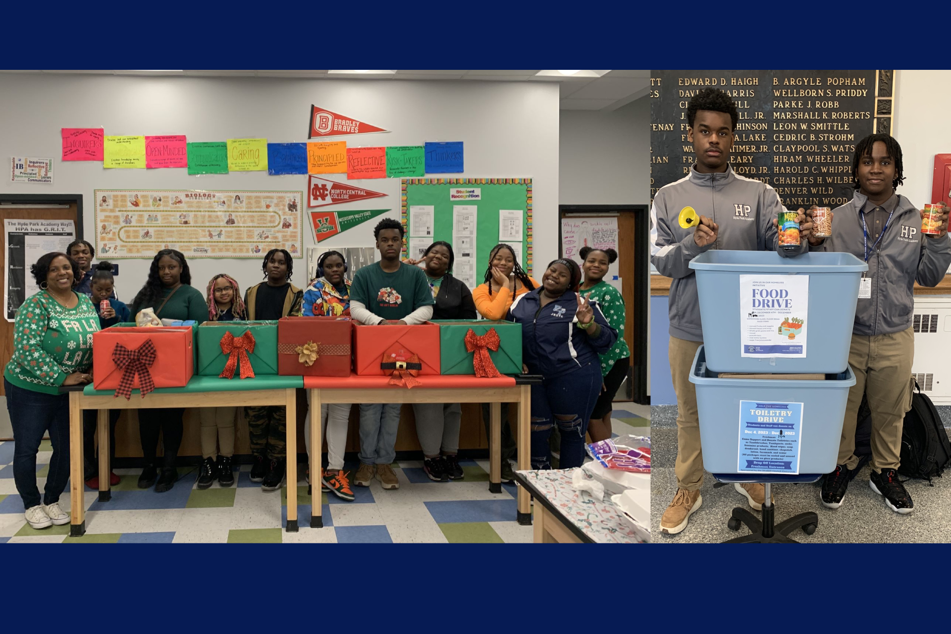 A collage of photos from the Student Council Civics Club's food and toiletry drive