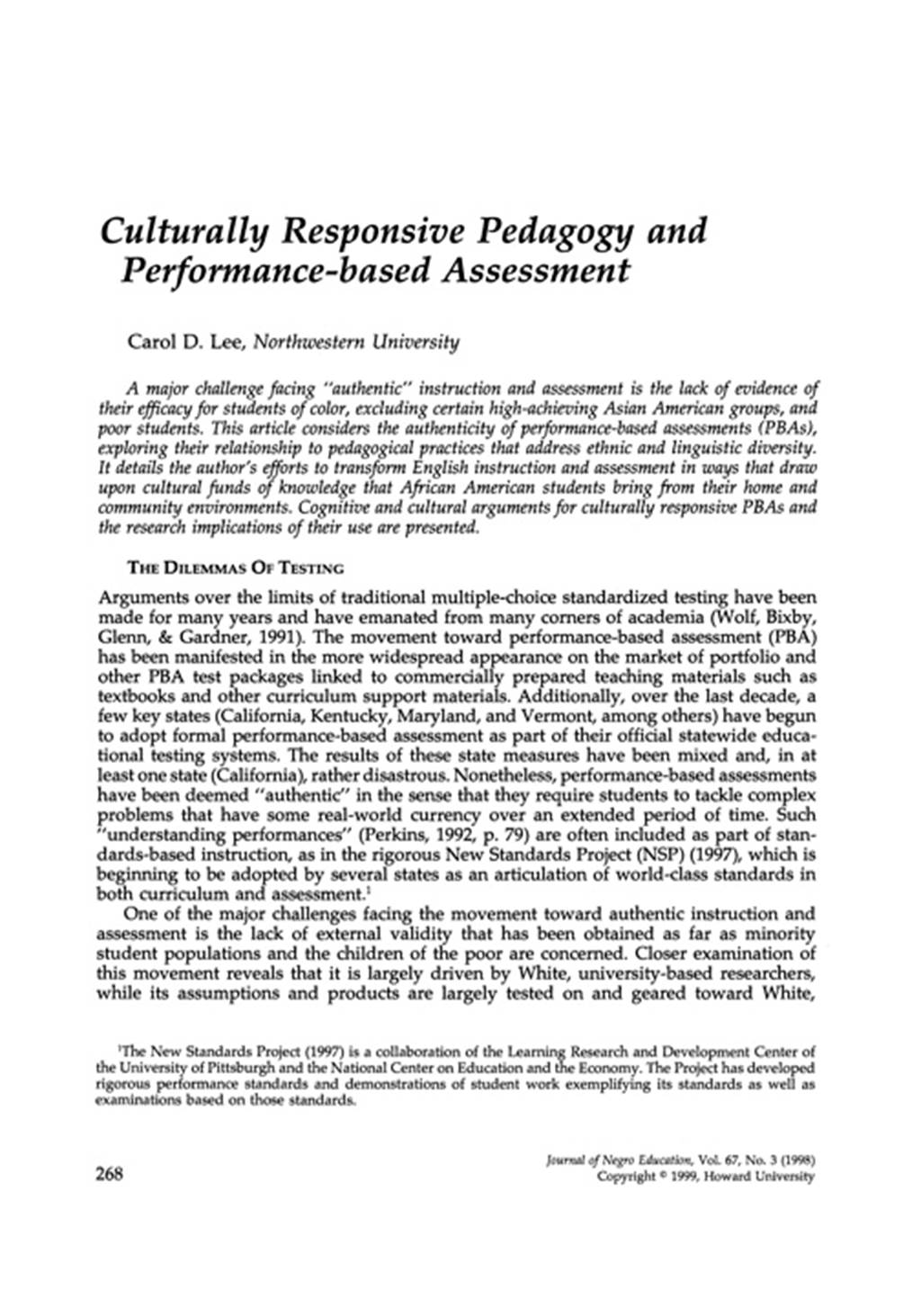 Culturally Responsive Pedagogy and Performance-based Assessment Image