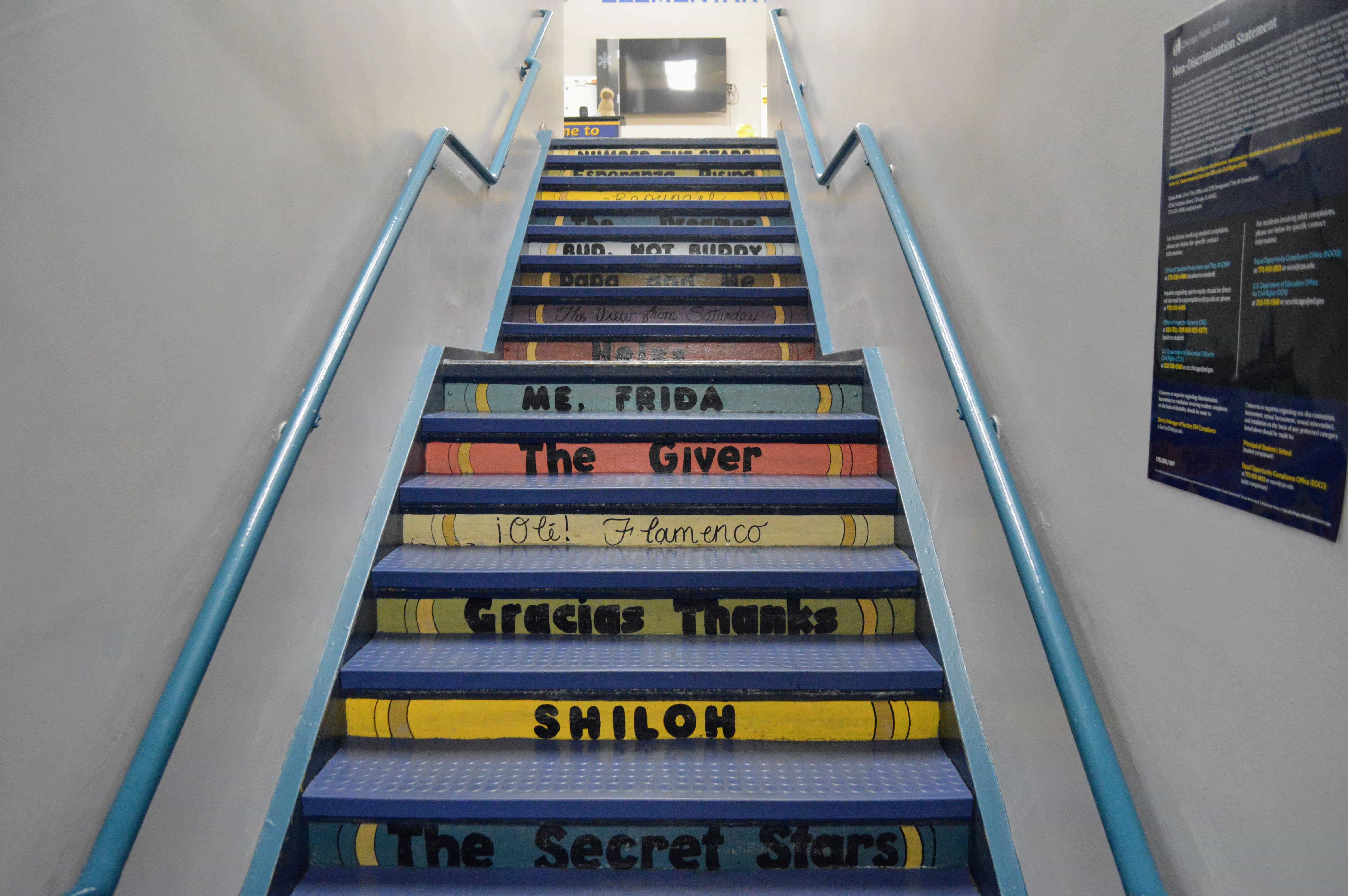 Stairs with book names on steps