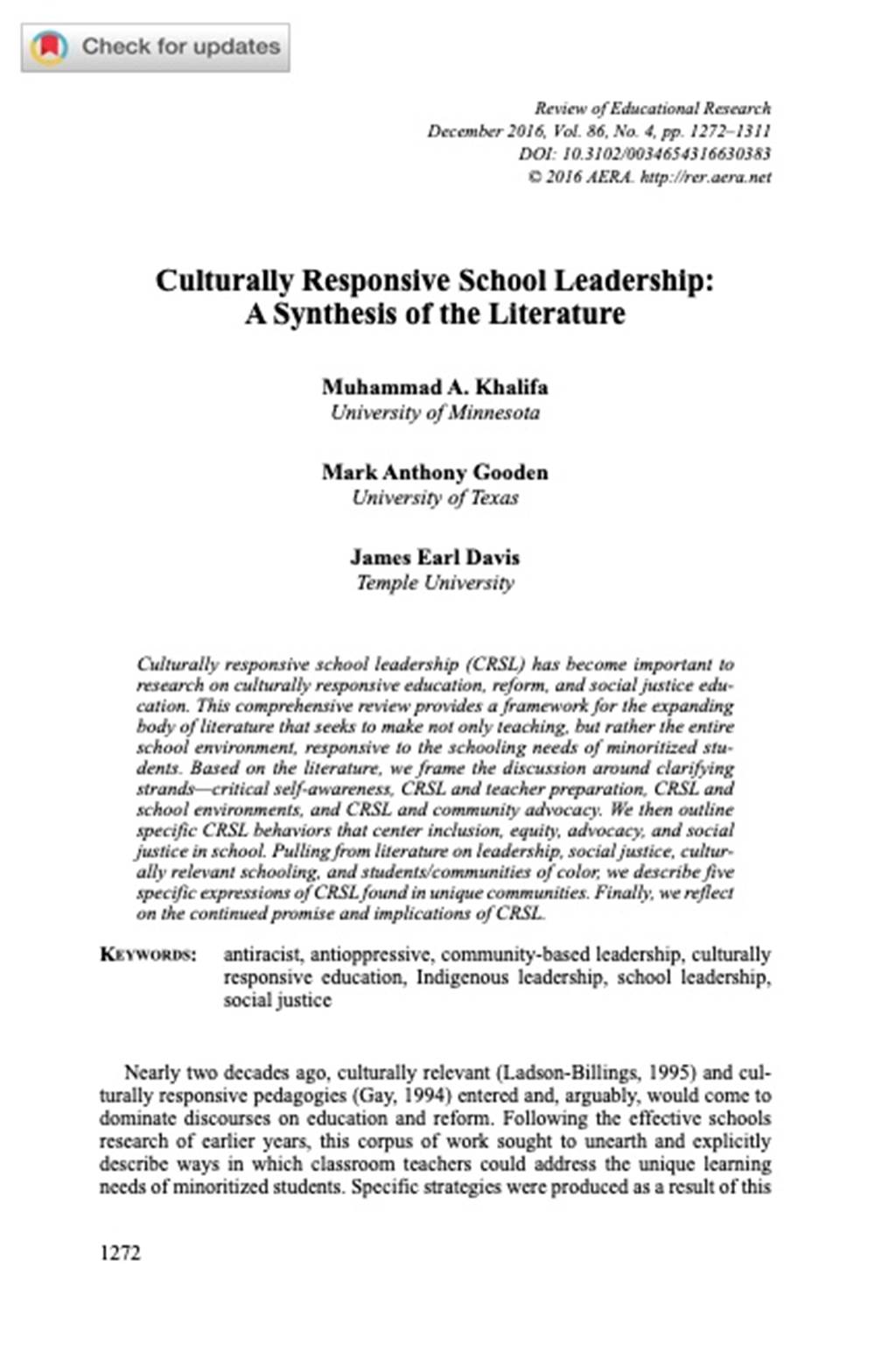Culturally Responsive School Leadership: A Synthesis of the Literature - Document image