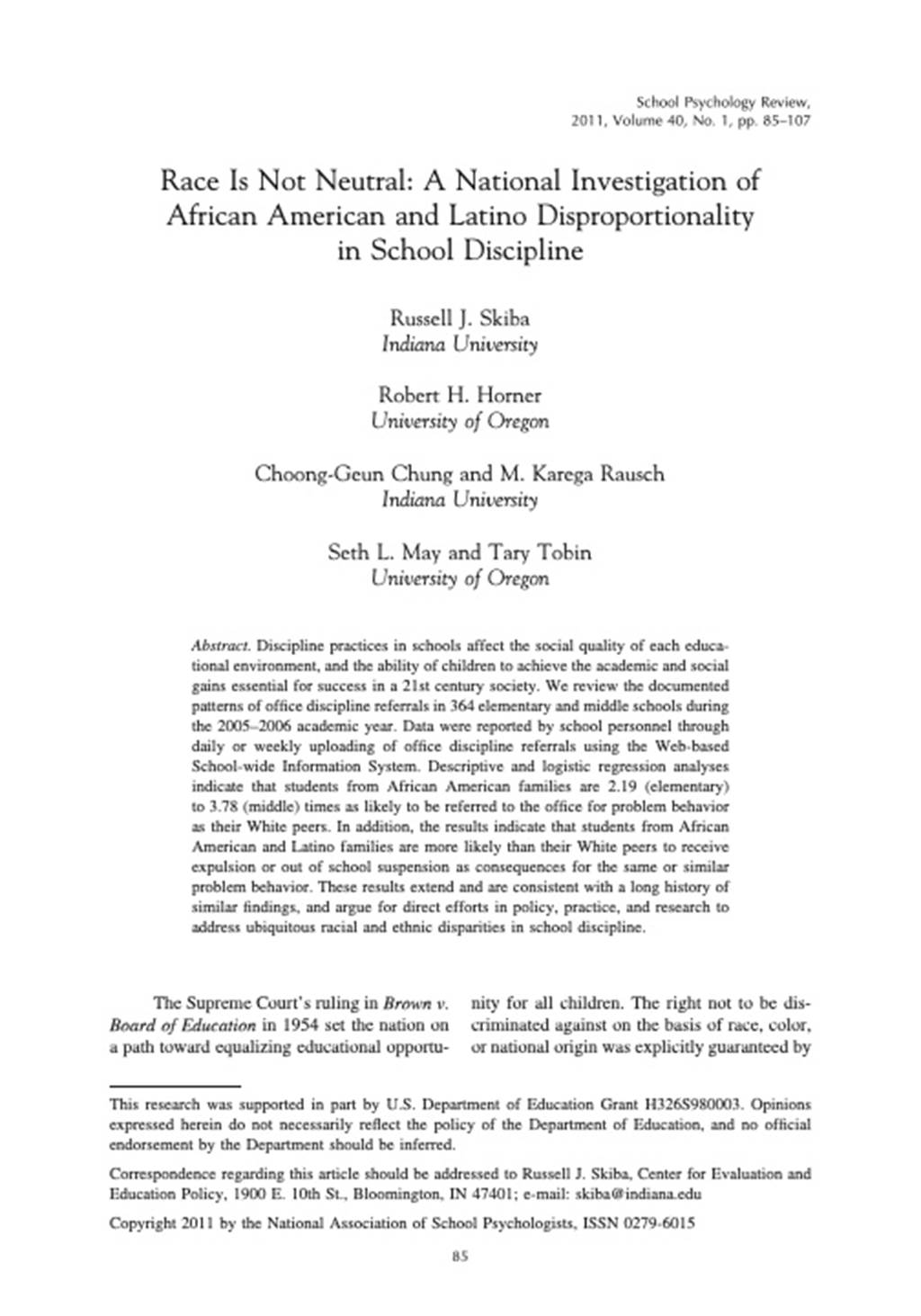 Race Is Not Neutral: A National Investigation of African American and Latino Disproportionality in School Discipline - Document Image