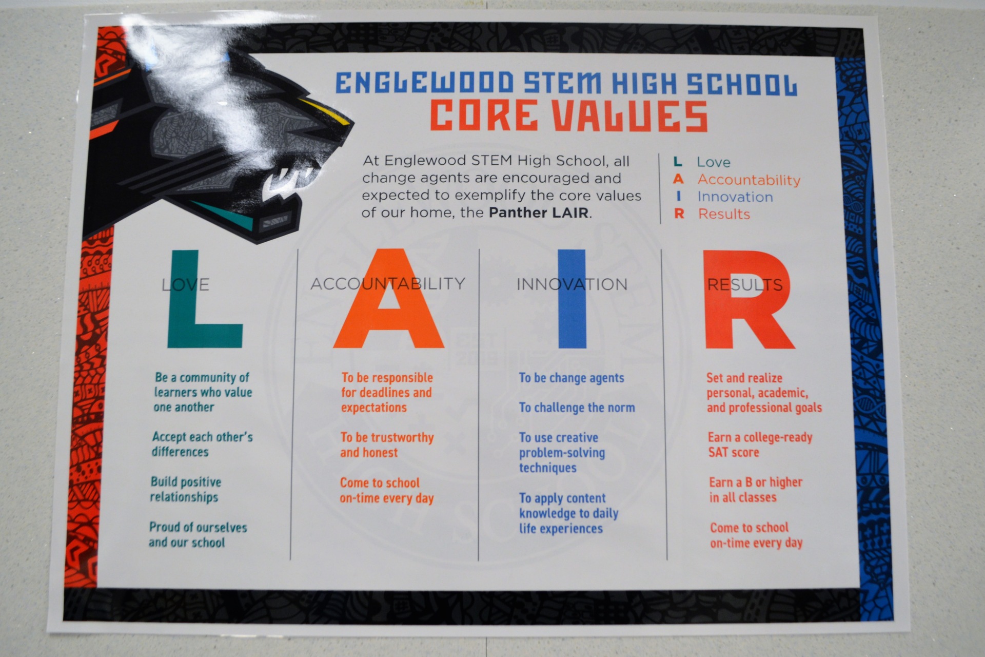 A poster showing Englewood STEM Core Values L A I R