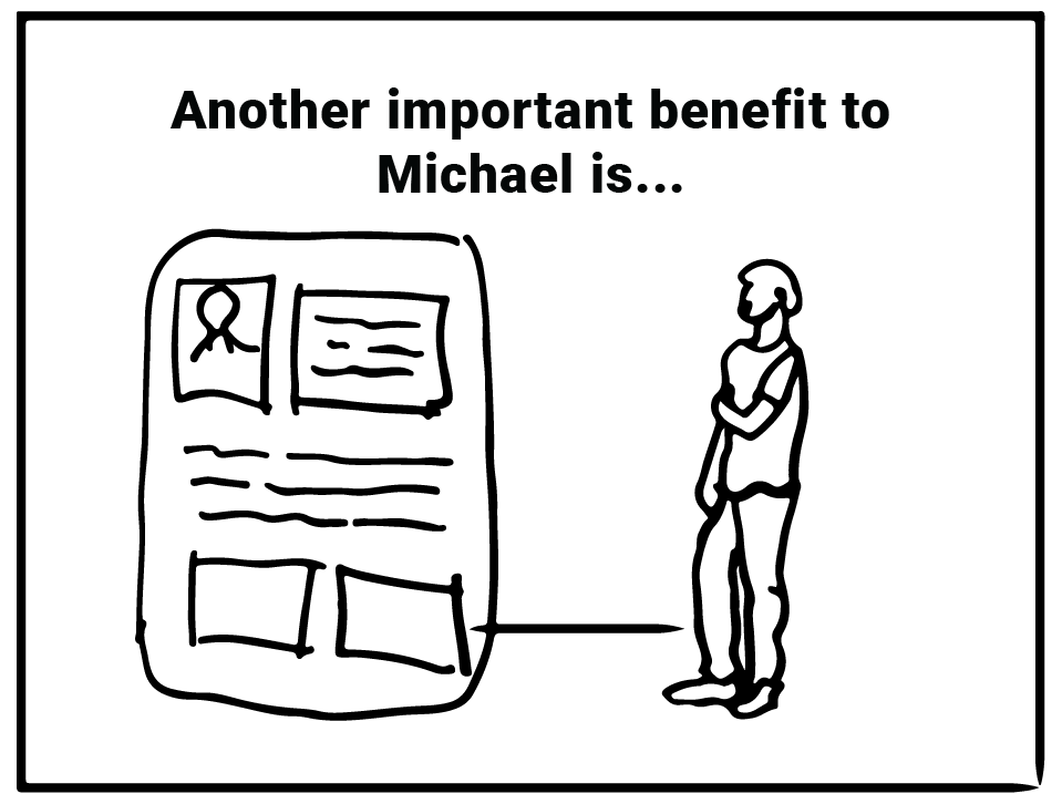 Sketch of boy with words - another important benefit to Michael is