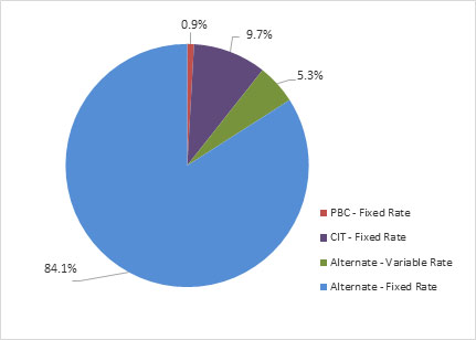 A pie chart showing a summary of the long-term fixed rate and variable rate debt