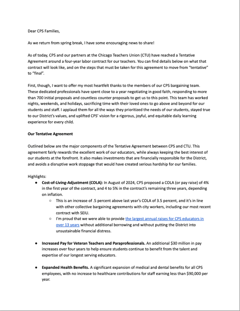 Image of letter announcing tentative agreement between CPS and CTU