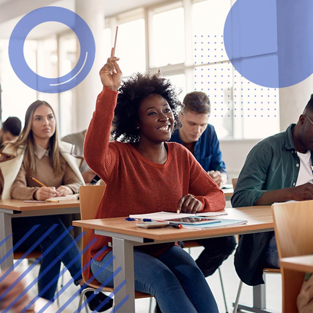 image of student in class with raised hand