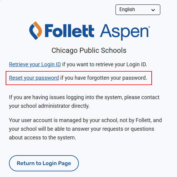 Screenshot of Follett Aspen with 'reset your password' hightlighted