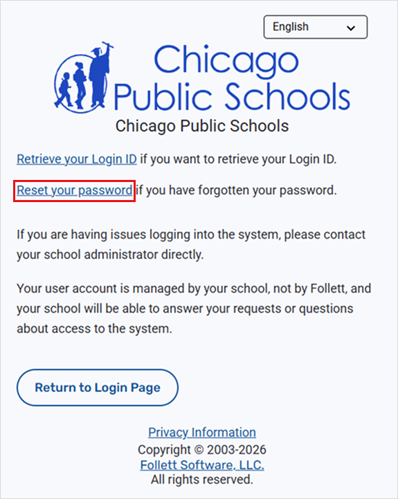 Screenshot of Follett Aspen with 'reset your password' hightlighted