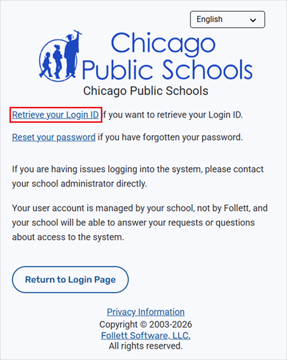 Screenshot of Follett Aspen with 'reset your password' hightlighted