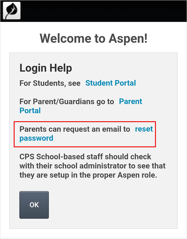 Screenshot of Aspen portal with 'login assistance' highlighted