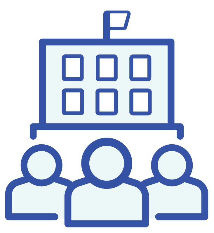 Three people in front of a school building.