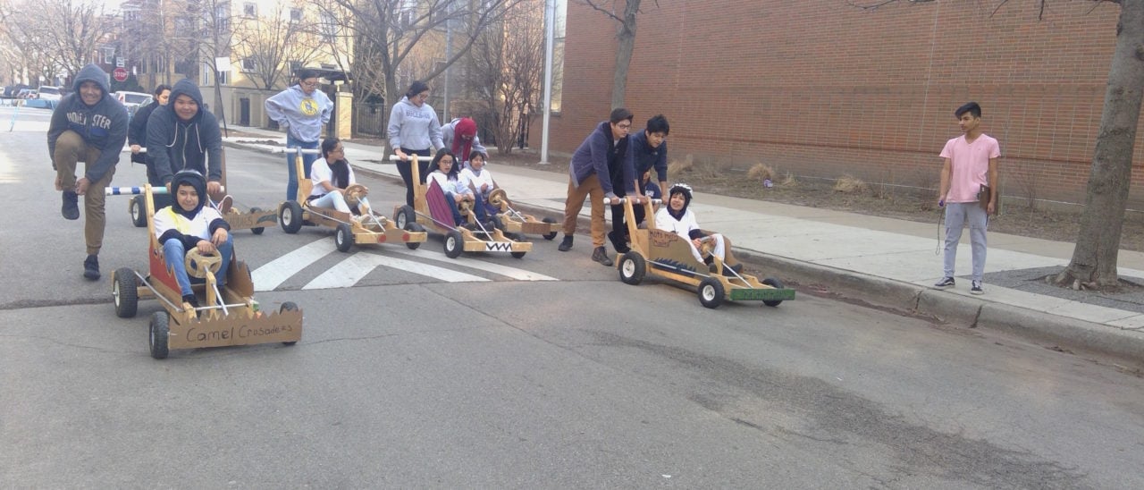 Students use cardboard go carts